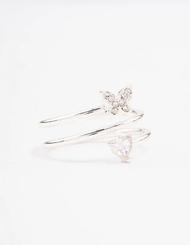 Diamond Wedding Rings-Silver Plated Heart Butterfly Wrapped Ring