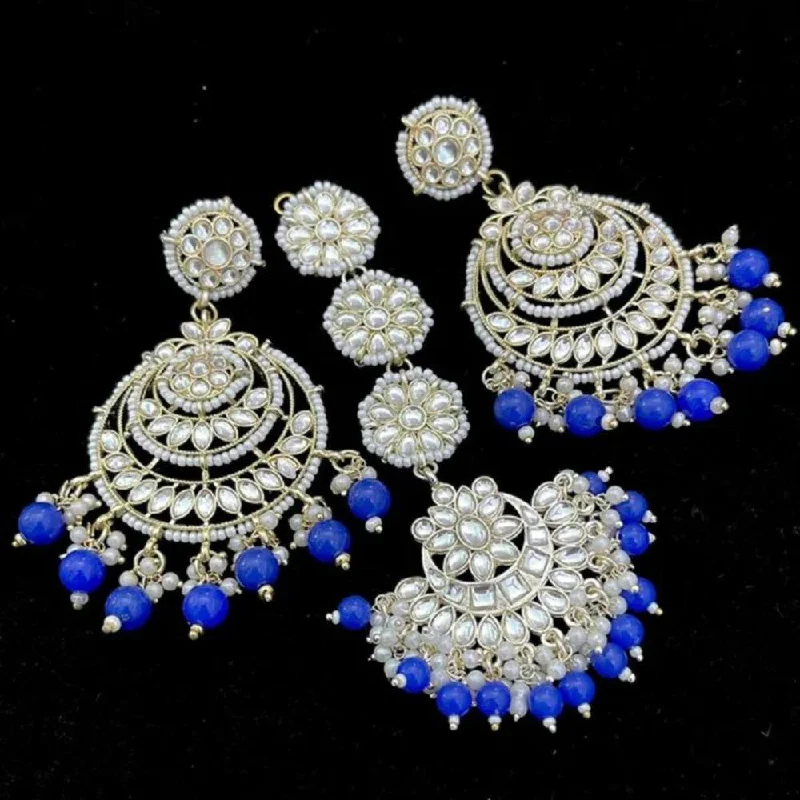 Classic Silver Earrings-SNERA Gold Plated Kundan Stone And Beads Dangler Earrings With Maangtikka