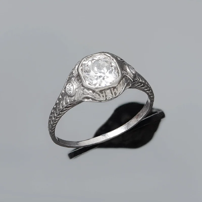 Round Diamond Engagement Rings-Art Deco Platinum & Diamond Engagement Ring 1.02ct