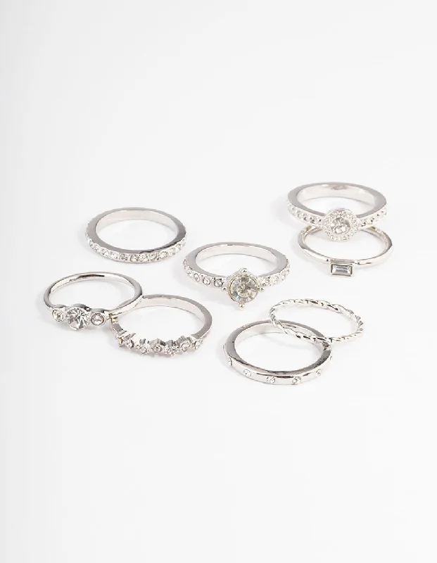 Green Gemstone Rings-Silver Halo Diamante Rings 8-Pack