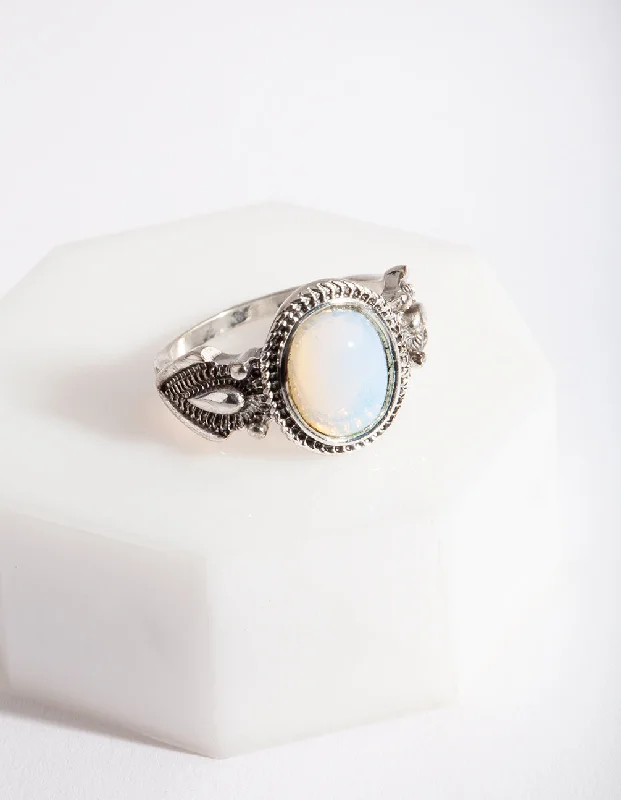 Silver Wedding Rings for Women-Antique Silver Oval Moonstone Ring