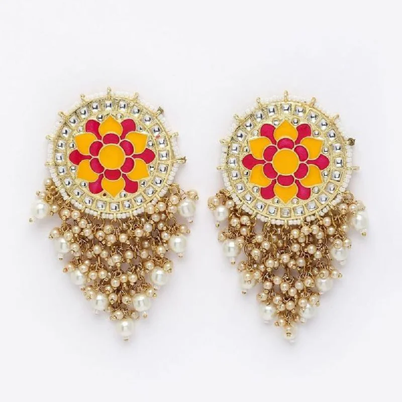 Colorful Dangle Earrings-House Of Ree Mandala Pattern Floral Pink and Yellow Meenakari Drop Earrings for Womens | Women | Girls ER107