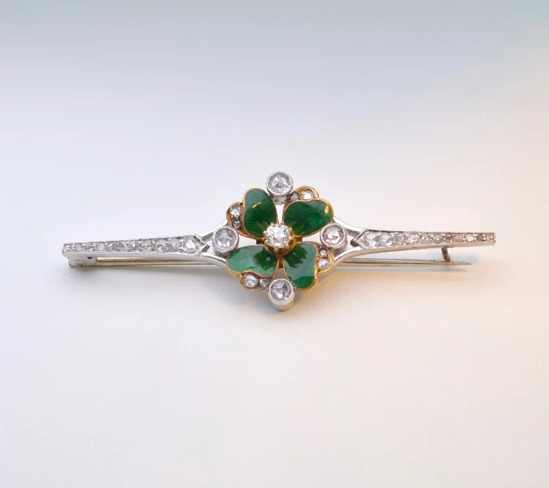 Custom Brooch with Colorful Stones-Platinum Diamond Brooch with Green Enamel Four-Leaf Clover