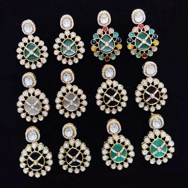 Gorgeous Long Earrings-JCM Gold Plated Polki Kundan Stone Dangler Earrings