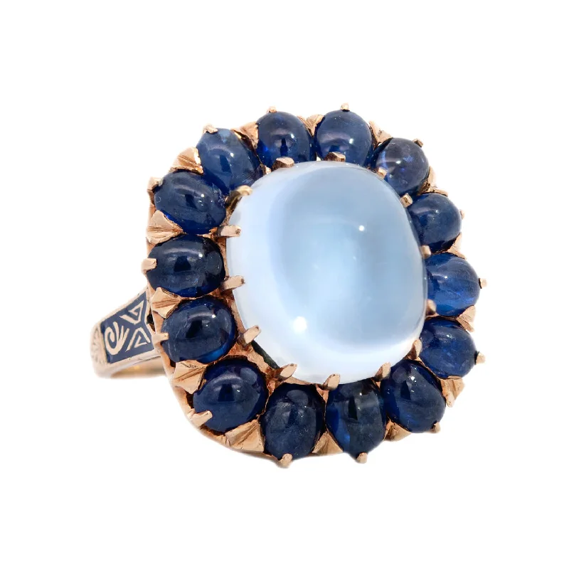 Custom Heart-Shaped Rings-Vintage 14k Moonstone & Sapphire Cluster Ring