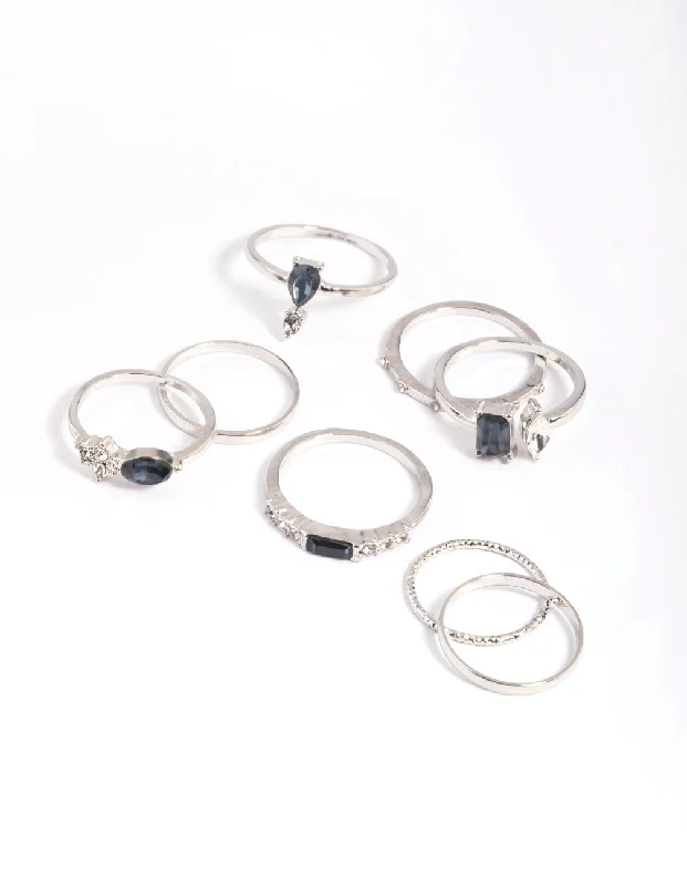 Double Band Wedding Rings-Silver Blue Stone Mixed Ring Stack Pack