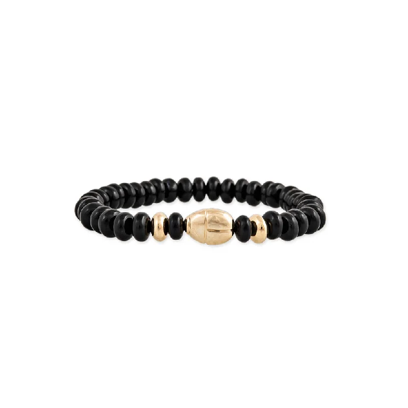 Luxury Diamond Bracelets-SCARAB + GOLD AND ONYX BEADED STRETCH BRACELET