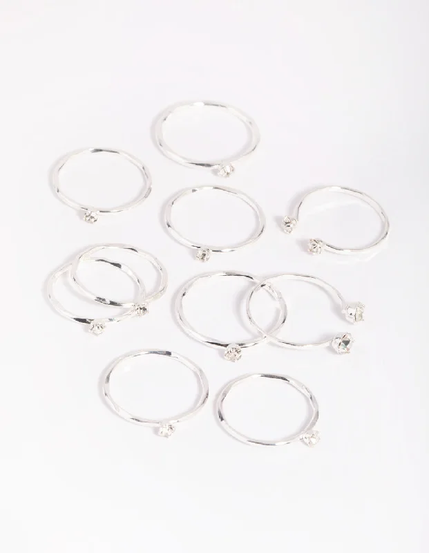 Classic Gold Wedding Rings-Silver Diamante Ring Stack 8-Pack