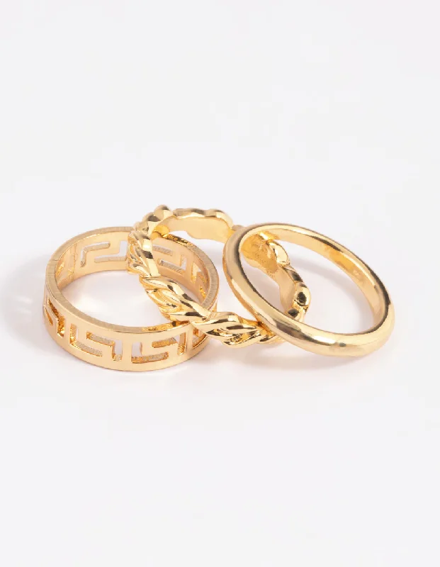 Bohemian Style Rings-Gold Plated Greek Key Ring Pack