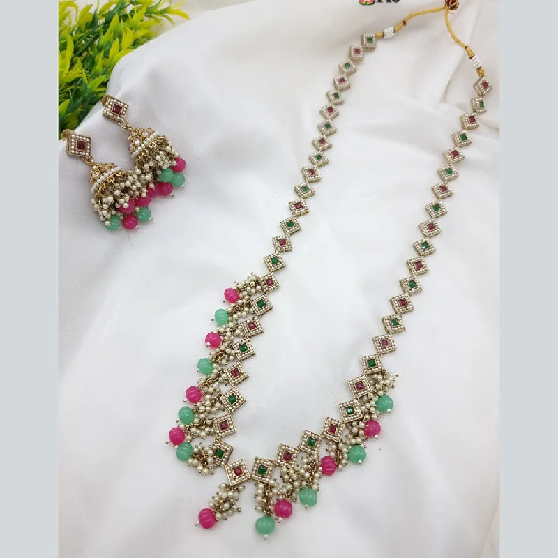 Crystal Flower Necklaces-JCM Gold Plated Pota Stone Long Necklace Set