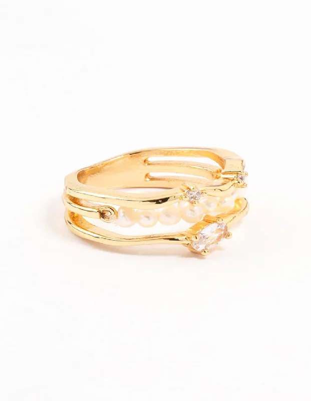 Couples Matching Rings-Gold Plated Nestled Pearl Layered Ring