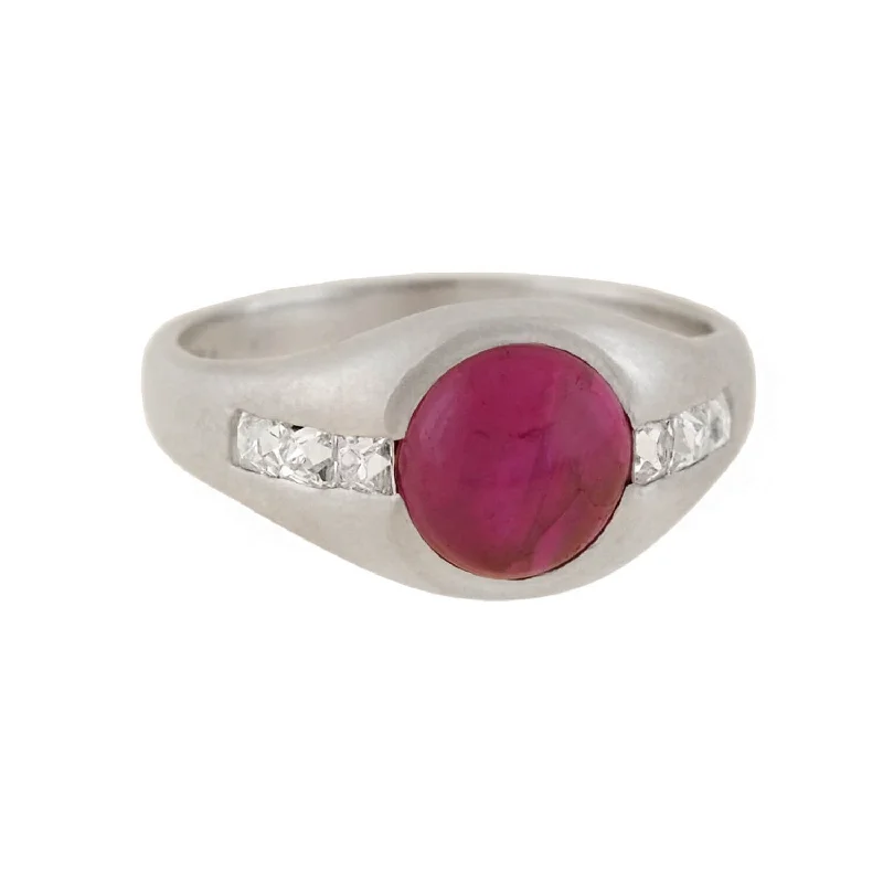 Custom Vintage Rings-Edwardian Platinum Burmese Ruby + French Cut Diamond Ring 1.50ct center