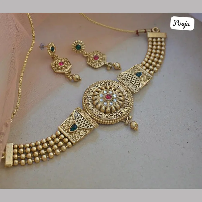 Gold and Diamond Necklaces-Pooja Bangles Gold Plated Pota Stone Necklace Set