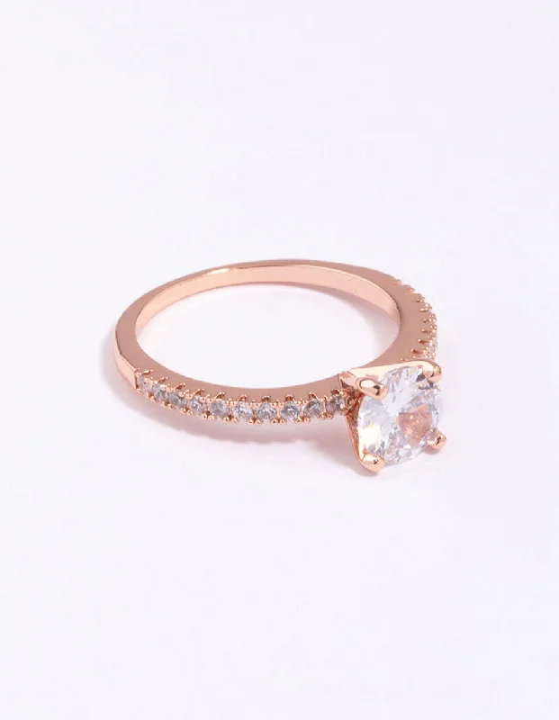 Designer Engagement Rings-Rose Gold Plated Cubic Zirconia Plated Round Textured Band Ring