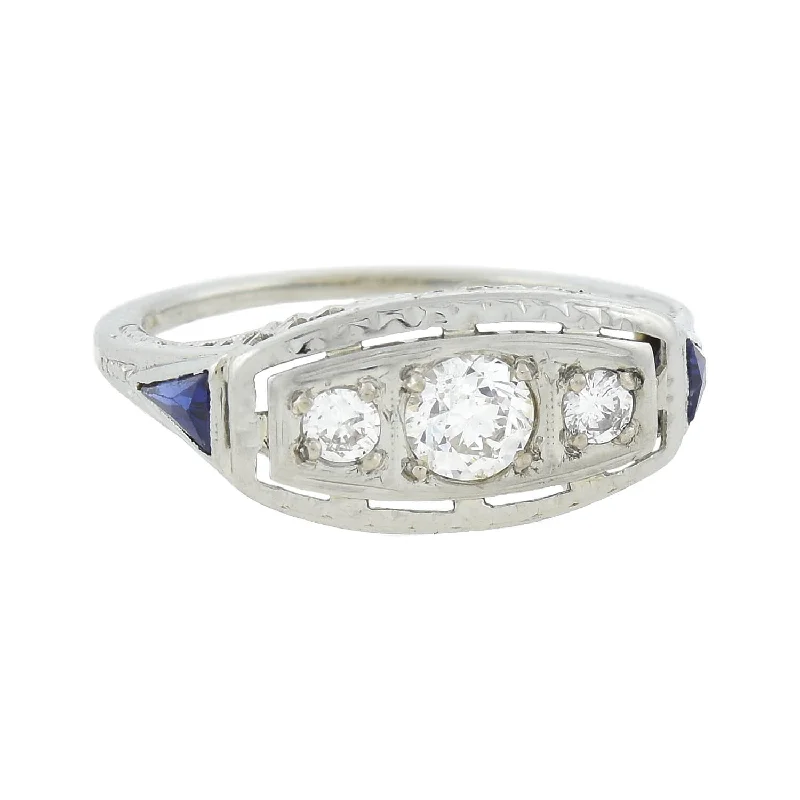 Emerald-Cut Diamond Rings-Edwardian 18kt Diamond + Sapphire 3-Stone Ring 0.50ctw.