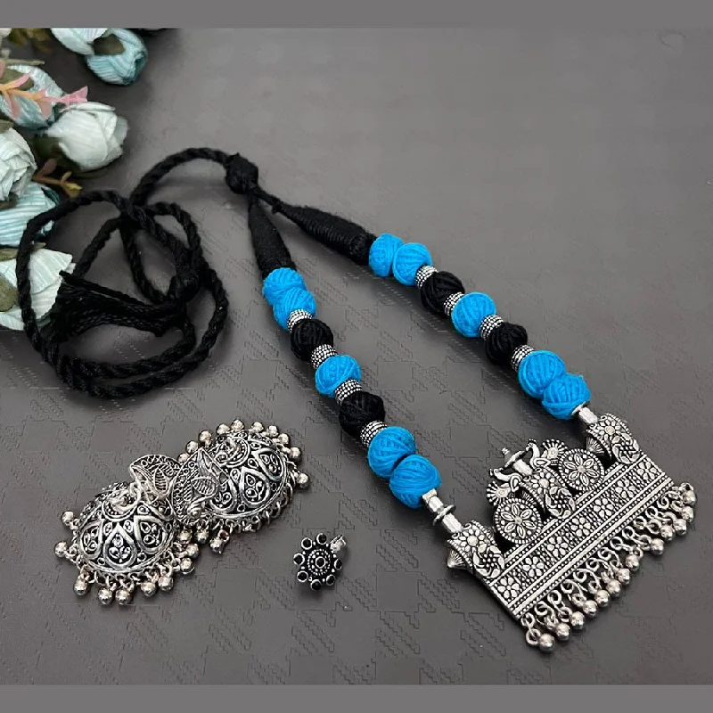 Customized Jewelry Necklaces-Akruti Collection Oxidised long Necklace Set With Nose Pin