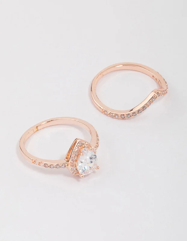 Custom Wedding Rings with Engraving-Rose Gold Crowned Pear Diamante Ring