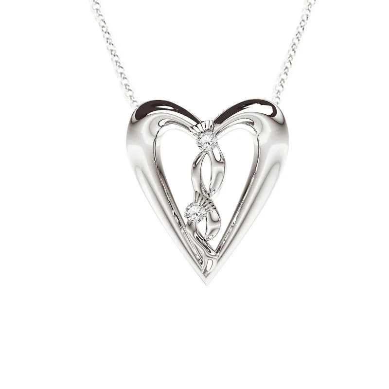 Trendy Gold Necklaces-Edinburgh Celtic Diamond Thistle Heart Necklace in White Gold