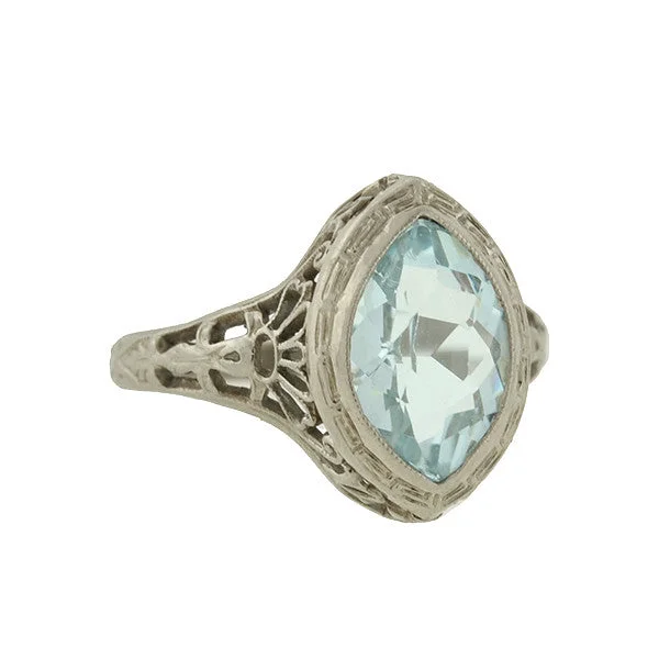 Designer Engagement Rings-Art Deco 14kt Aquamarine Navette Filigree Ring 1.75ctw