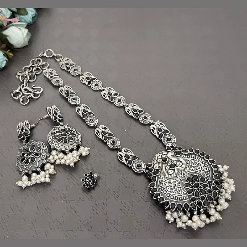 Silver Pendant Necklaces-Akruti Collection Oxidised Plated Long Necklace Set With Nose Pin