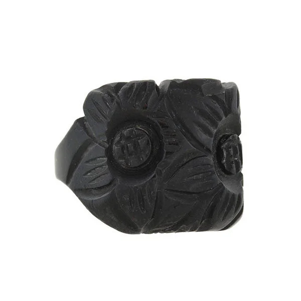 Luxury Gold Wedding Bands-Retro Black Bakelite Carved Flower Ring