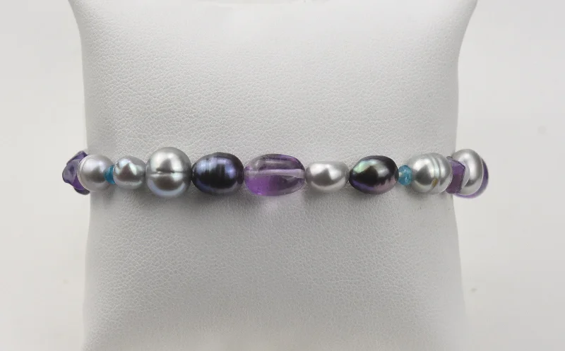 Rose Gold Beaded Bracelets-Amethyst, Blue Chalcedony, Multi Color Freshwater Pearl Elastic Bracelet