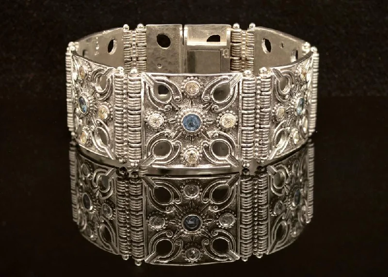 Bold Leather Bracelets-Byzantine Bracelet in Sterling Silver with zircon (B-08)