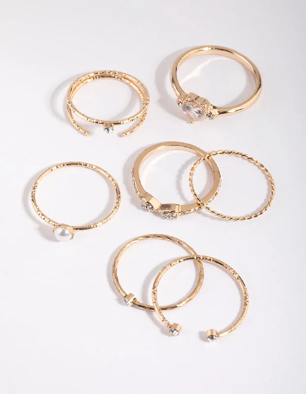 Chunky Silver Rings-Gold Diamante & Pearl Ring Pack