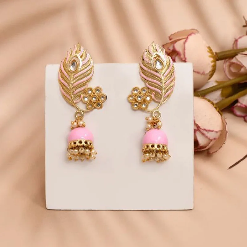 Silver Bead Earrings-House Of Ree Peacock Feather Pattern Light Pink Jhumki Drop Earrings for Womens | Women | Girls ER128