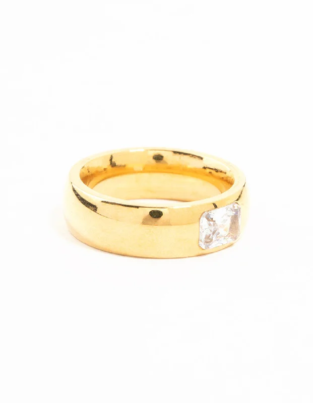 Men's Vintage Wedding Bands-Waterproof Gold Plated Stainless Steel Wide Band Cubic Zirconia Ring