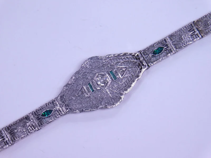 Bold Statement Bracelets-14K ART DECO DIAMOND AND GREEN STONE BRACELET