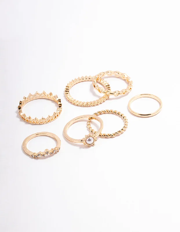 Elegant Gold Rings-Gold Diamante & Pearl Crown Ring Pack