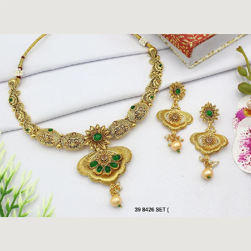 Large Gold Pendant Necklaces-Mahavir Gold Plated Pota Stone Necklace Set