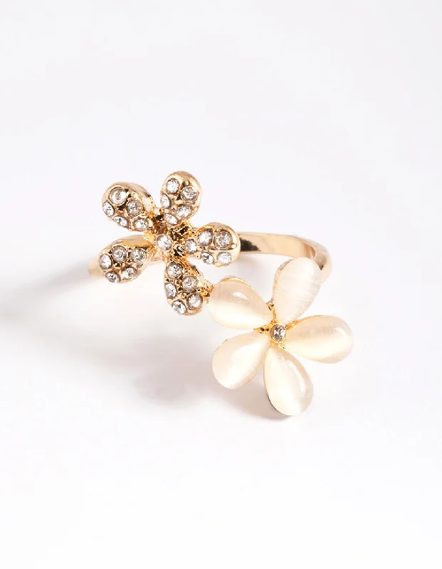 Custom Infinity Wedding Rings-Gold Diamante & Cateye Flower Ring