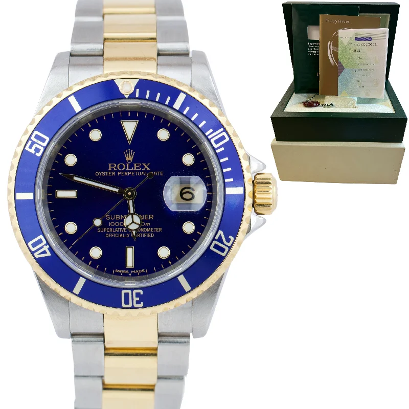 Elegant Stainless Steel Watches-2007 Rolex Submariner Two-Tone Stainless Blue NO HOLES Dive 40mm Watch 16613