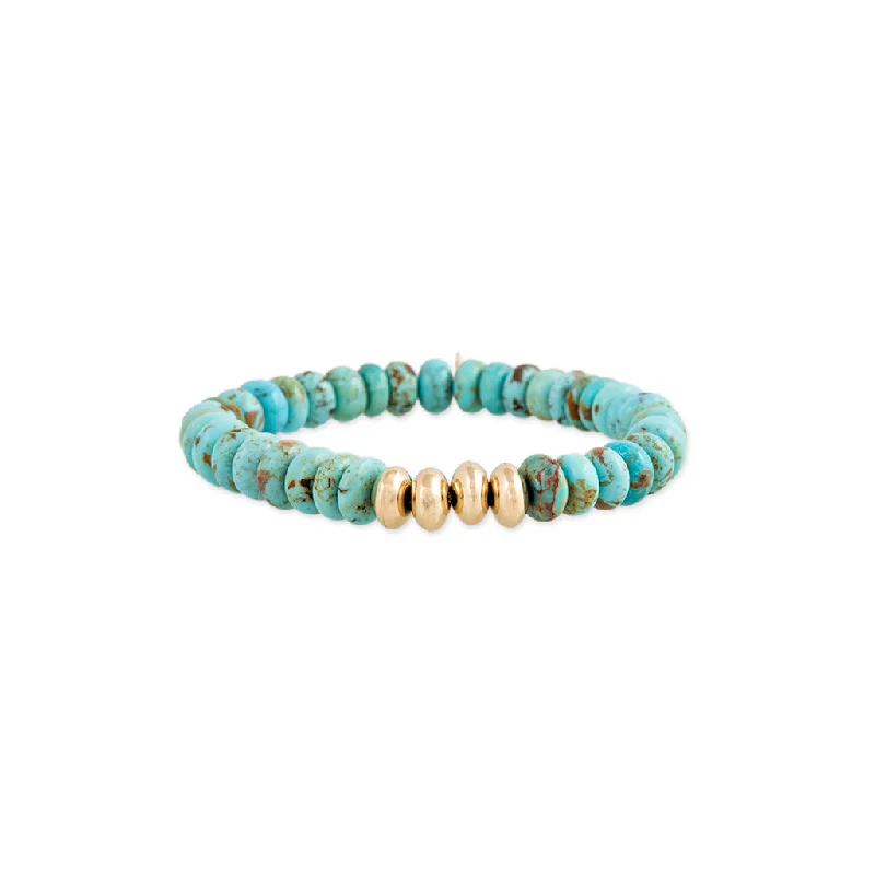 Handmade Beaded Bracelets-4 GOLD BEADS + TURQUOISE BEADED STRETCH BRACELET