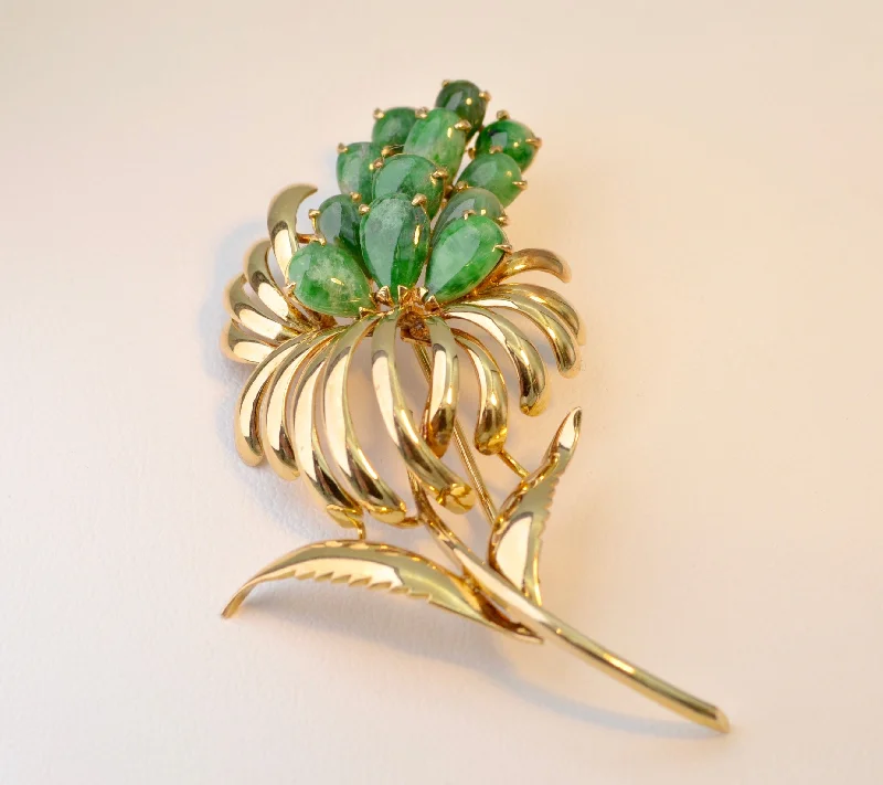 Custom Brooch with Colorful Crystals-14K yellow gold brooch with 12 pear-shaped Jadeites