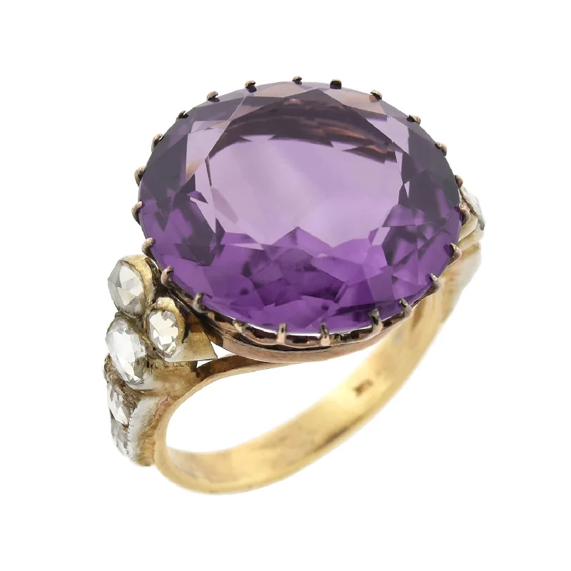 Birthstone Engagement Rings-Edwardian 14kt Large 14ct Amethyst + Diamond Ring