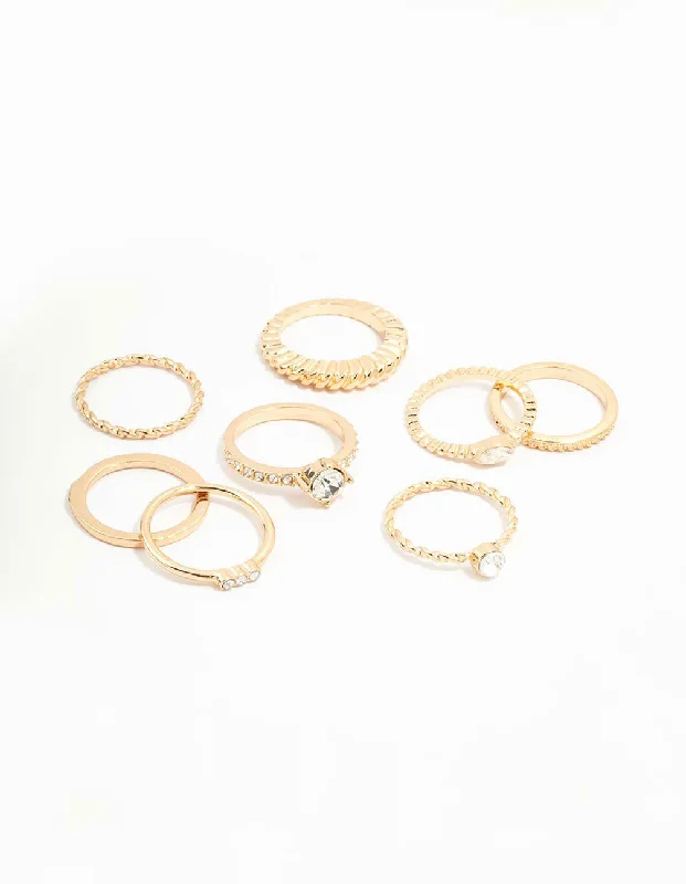 Vintage Silver Rings-Gold Mixed Diamante & Chunky Style Rings 8-Pack