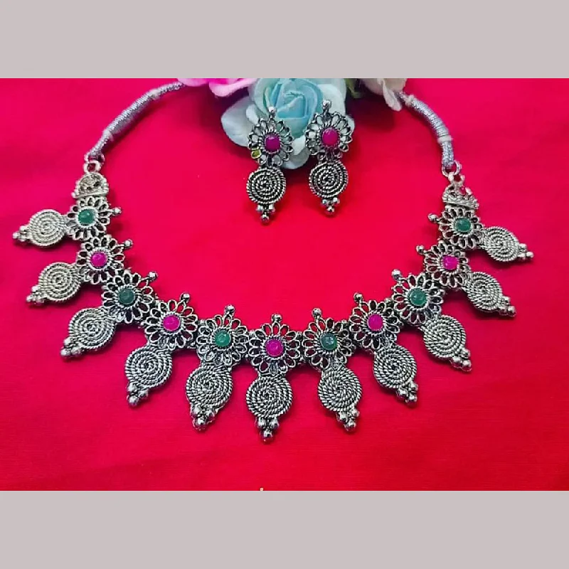 Green Turquoise Necklaces-Pooja Bangles Silver Plated Pota Stone Necklace Set