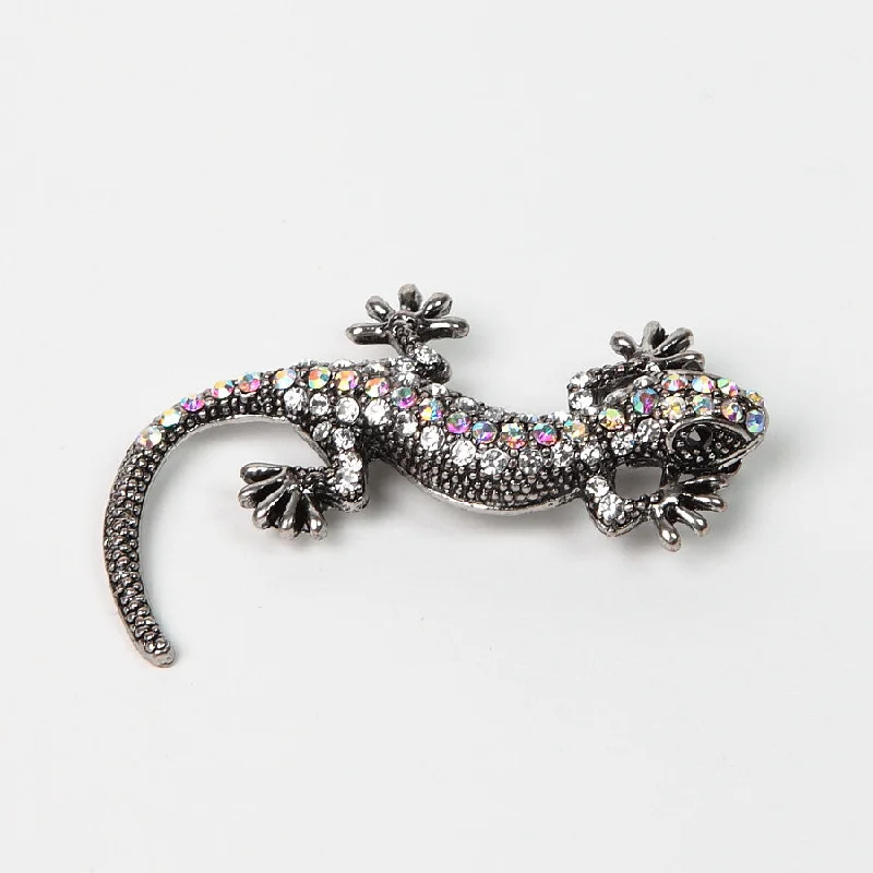 Luxury Gemstone Brooch for Women-Sparkly Diamante Silver-Finish Lizard Brooch with AB Crystals