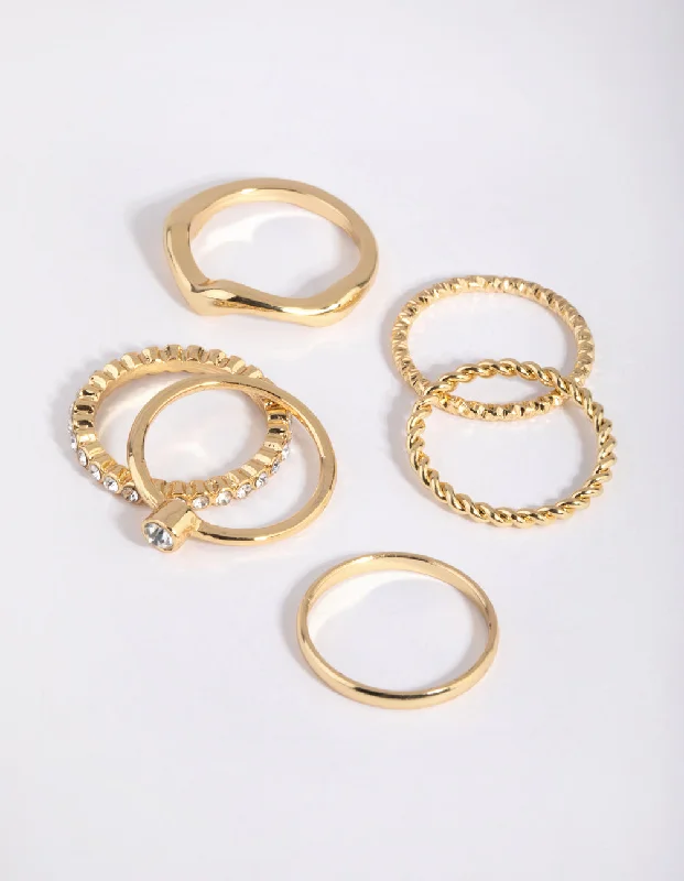 Vintage Diamond Rings-Gold Plated Molten Diamante Ring 6-Pack