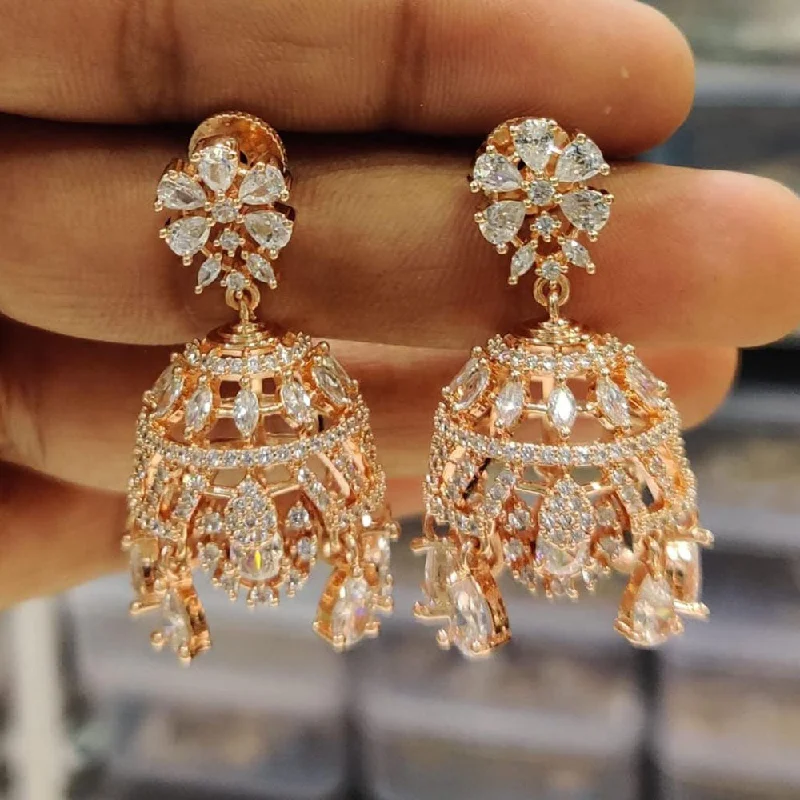 Rose Gold Earrings for Bridesmaids-Kavita Art Rose Gold Plated American Diamond Jhumki Earrings