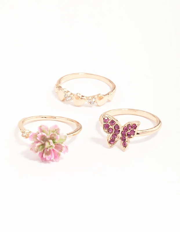 Vintage Wedding Rings-Gold Flower Butterfly Ring Pack