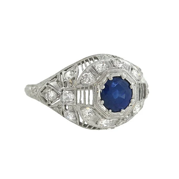 Classic Platinum Wedding Bands-Art Deco Platinum Sapphire & Diamond Filigree Ring .91ct