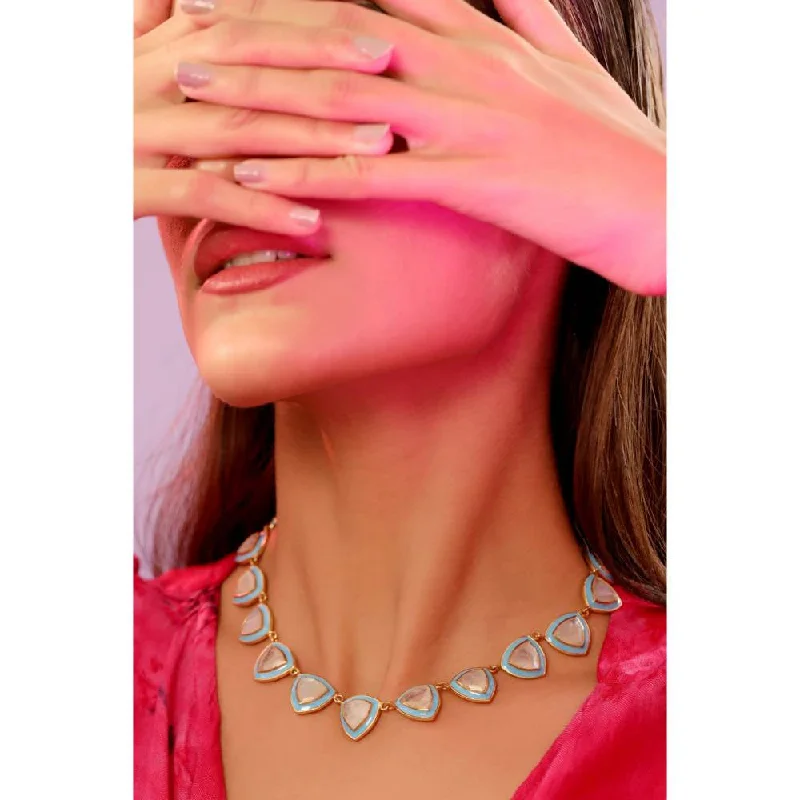 Silver Ball Chain Necklaces-Zurooh 18K Gold Plated Trillion Shaped Moonstone Necklace with Turquoise Enamel Detailing