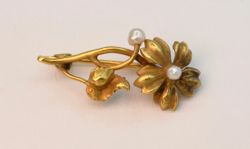 Custom Brooch with Unique Shape-14K yellow gold floral pin with pearls