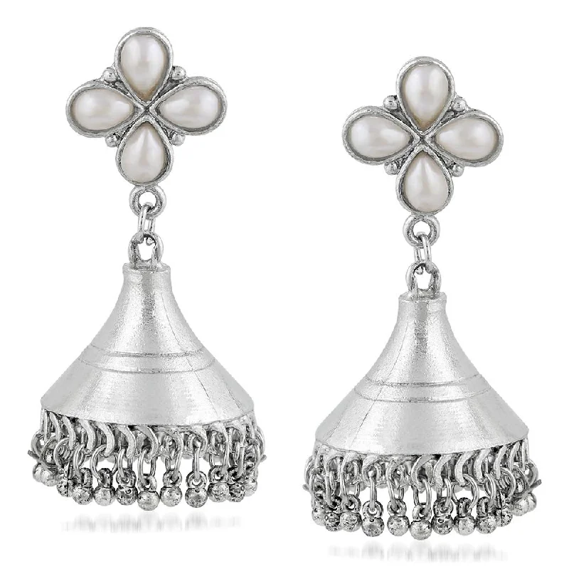 Funky Silver Earrings-Mahi Oxidised Rhodium Plated Floral Dangler Jhumki Artificial Pearl Earrings for Women VECJ100208