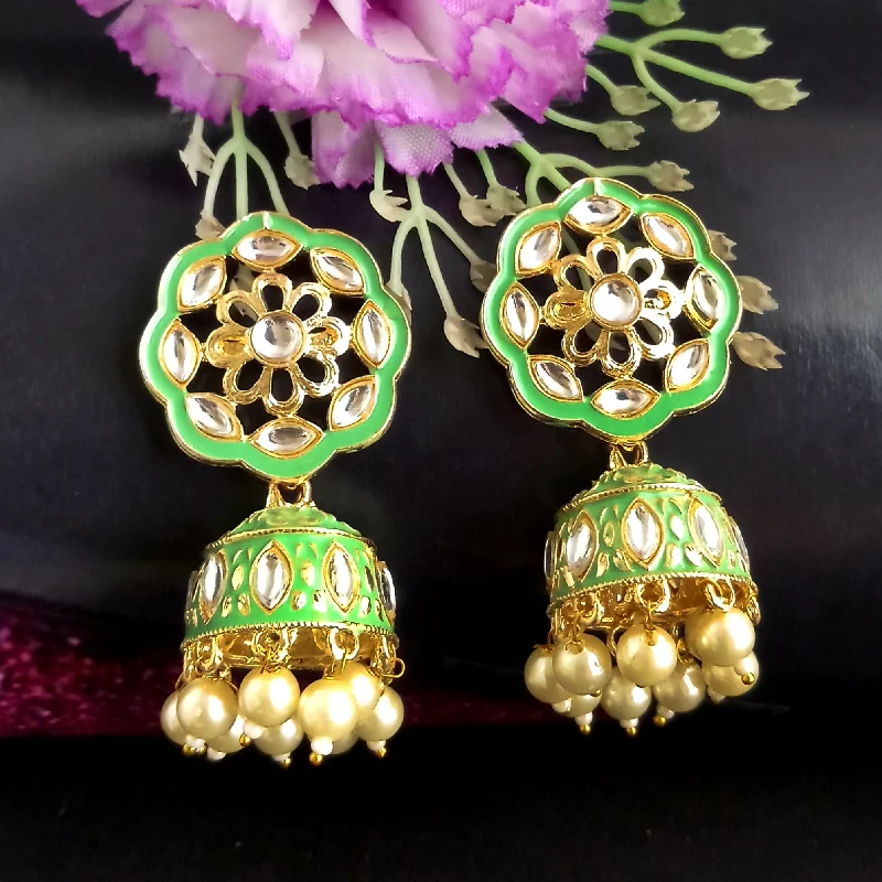 Sparkling Gem Earrings-PARSHWAM Light Green Glossy Meenakari Pearl Drop Jhumki