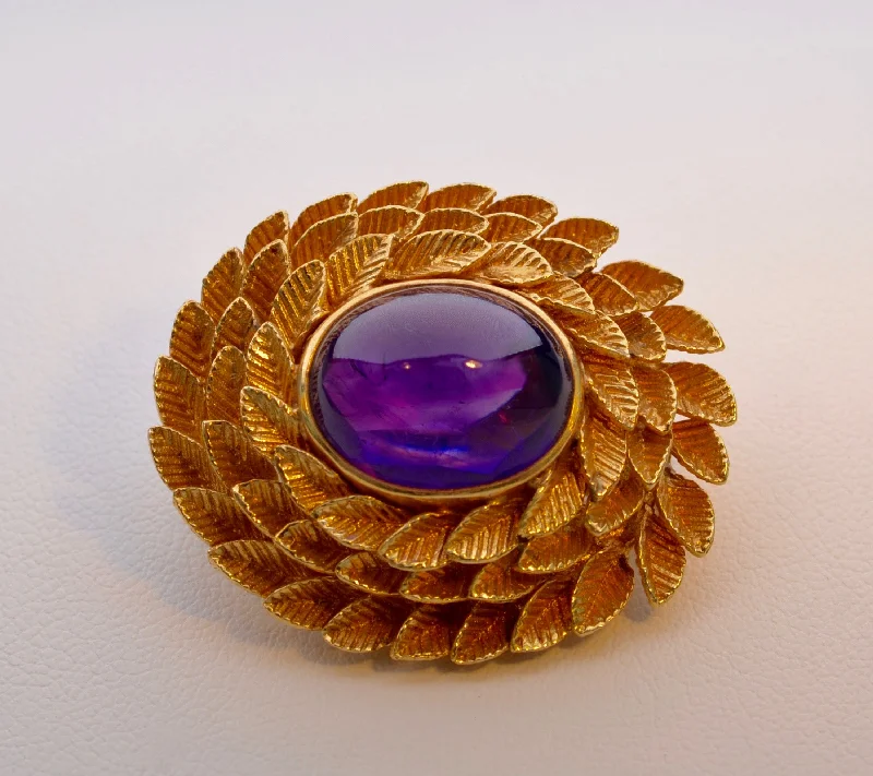 Elegant Art Nouveau Brooch-14K yellow gold Amethyst brooch, circa 1940